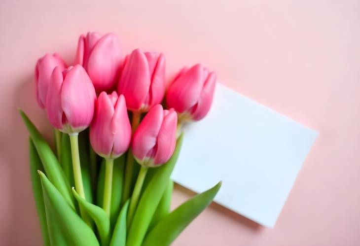 Pink Tulips with Card CloseUp of a Romantic Spring Gesture